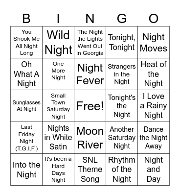 Steve's Music Bingo "The Nightman Cometh" Bingo Card