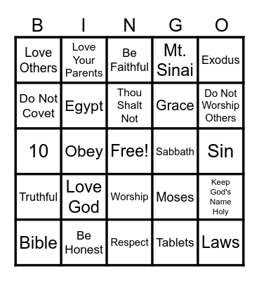 10 Commandments Bingo Card