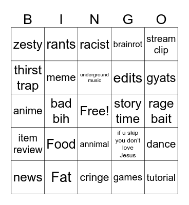 tiktok bingo Card
