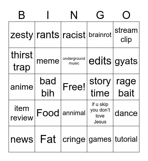 tiktok bingo Card