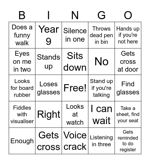 Mr O'Neill Bingo Card