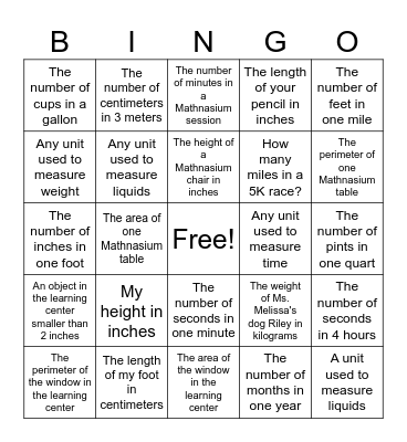 Measurement & Conversion BINGO Card