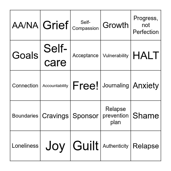 Recovery Bingo Card