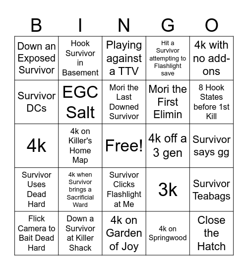 DBD Killer Bingo Card