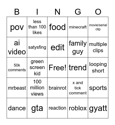 shorts bingo Card