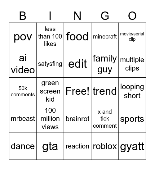 shorts bingo Card