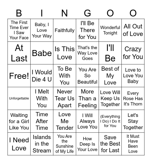 Steve's Music Bingo "Slow Jam Mixtape" Bingo Card
