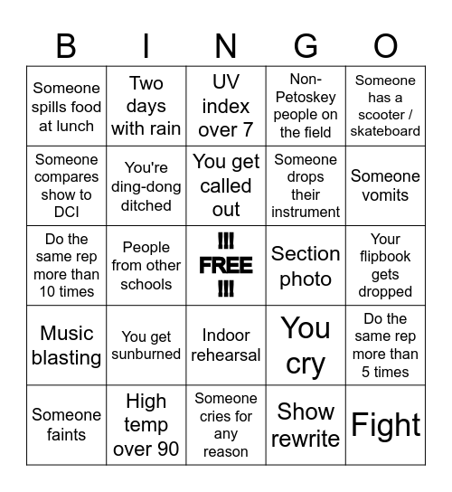 Band Camp Bingo Card