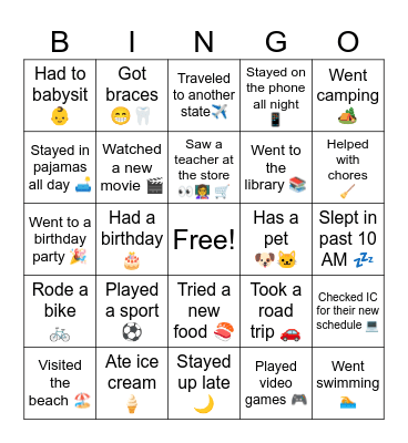 Summer Break Version Bingo Card