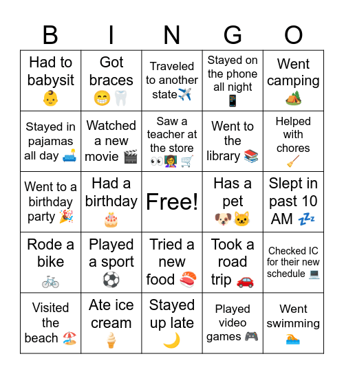 Summer Break Version Bingo Card