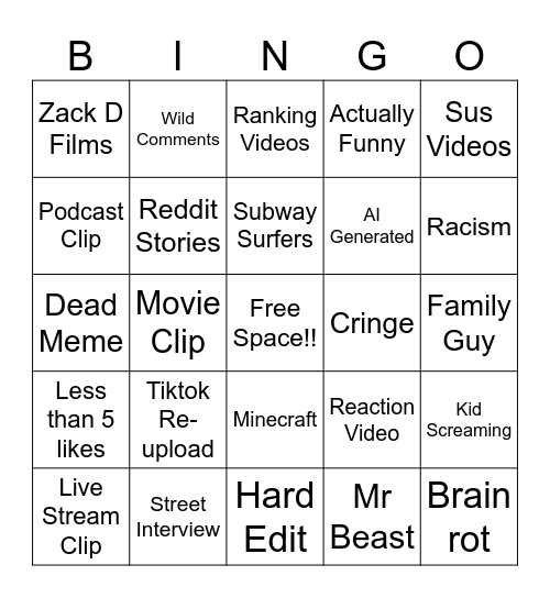 Youtube Shorts Bingo Card