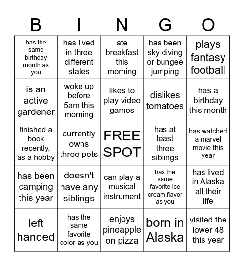 JL Human Bingo Card