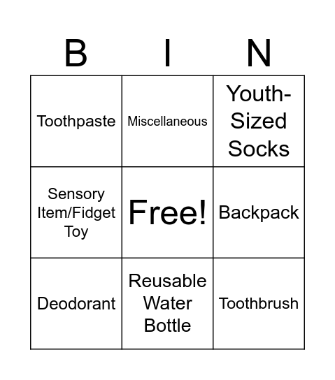 School Supply Drive Bingo Card