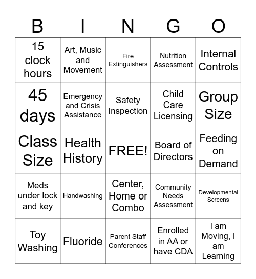 Head Start Bingo Card