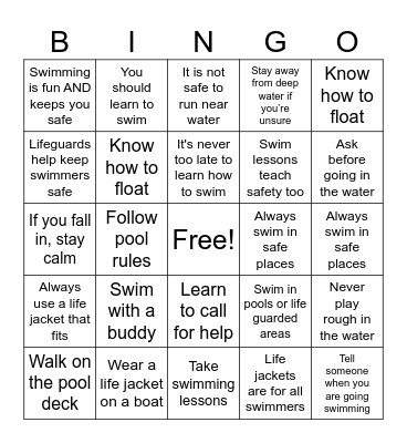 Water Safety Bingo Card