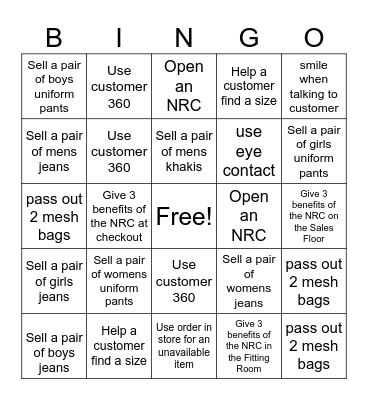 Old Navy Bingo Card