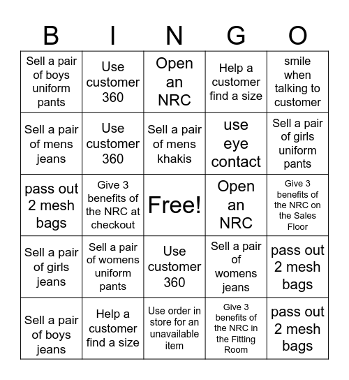 Old Navy Bingo Card