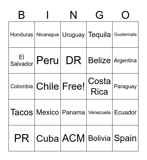 Hispanic Heritage Month Bingo Card