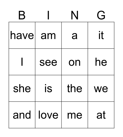 Snap Word Bingo Card