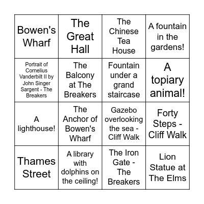 Newport Scavenger Hunt Bingo Card