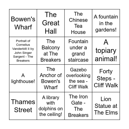 Newport Scavenger Hunt Bingo Card