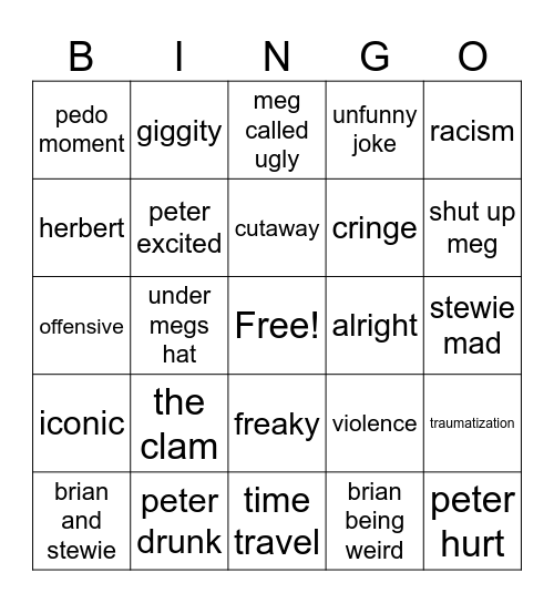 Family guy Bingo Card
