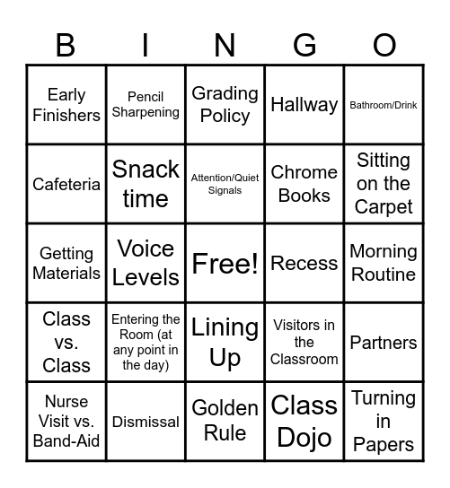 Procedures & Routines Bingo Card