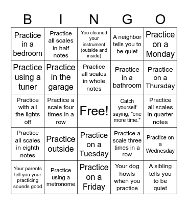 Summer Band Practicing Bingo Card