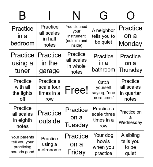 Summer Band Practicing Bingo Card