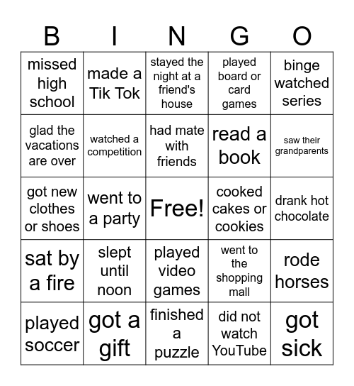 Back to school Bingo Card