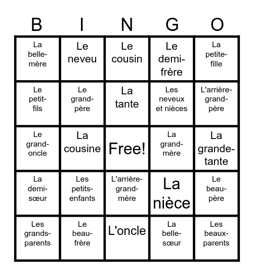 La Famille Élargie Bingo Card