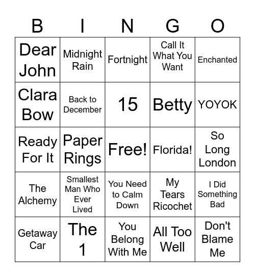 TAYLOR SWIFT MUSIC Bingo Card