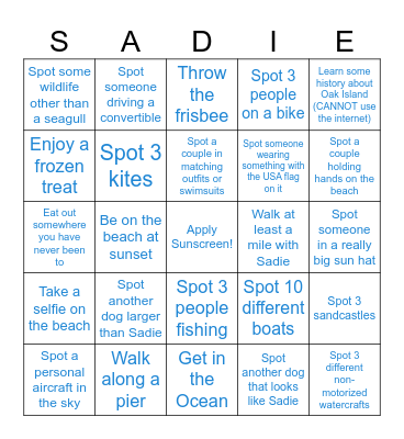 Sadie's Beach Bingo!!! Bingo Card