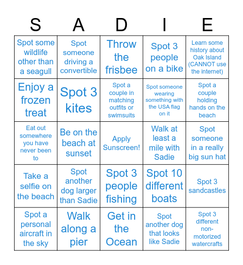 Sadie's Beach Bingo!!! Bingo Card