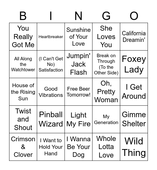 1960s Rock Bingo Card