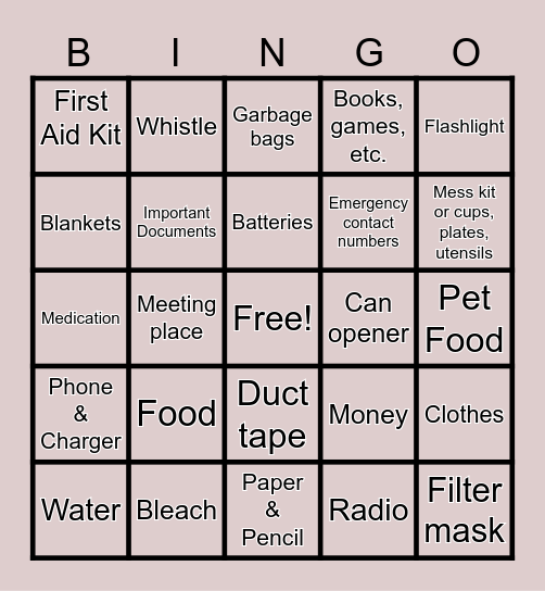 Emergency Preparedness Bingo Card