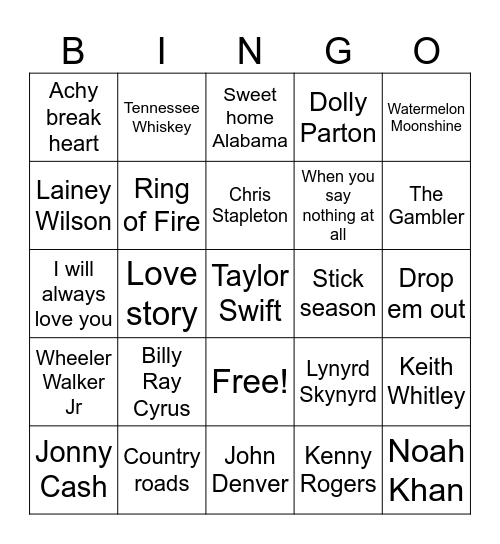 Cowgirl Bingo Card