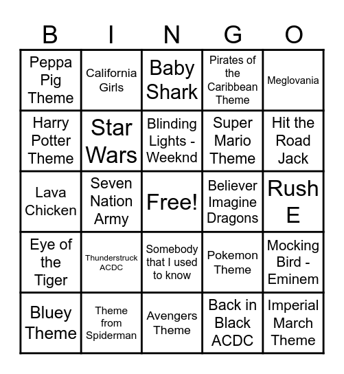 Year 6 Music Bingo Card