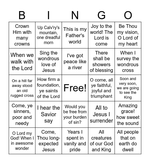 Music Bingo - Hymns Bingo Card