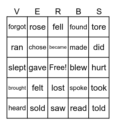 Past Tense English Verbs Bingo Card