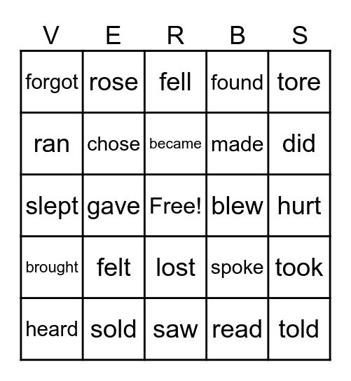Past Tense English Verbs Bingo Card
