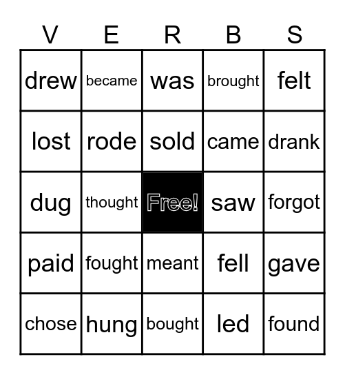 English Verbs in Past Tense Bingo Card