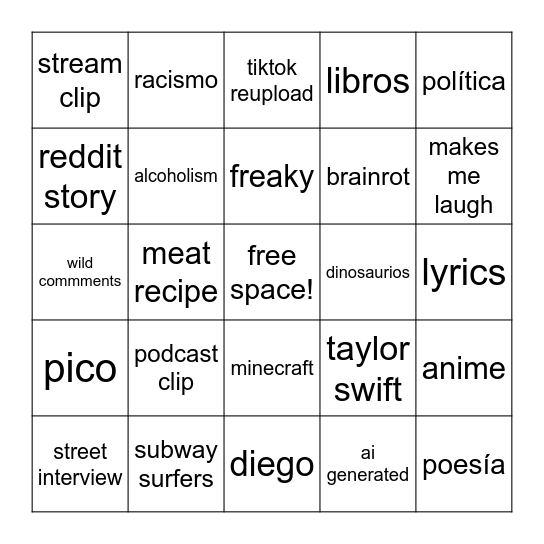 instagram reels Bingo Card