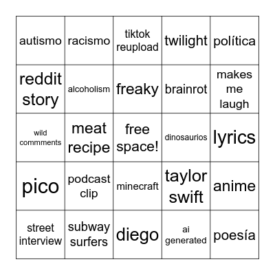 instagram reels Bingo Card