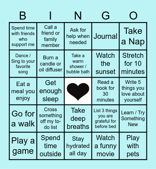 Self-Care Bingo Challenge Bingo Card