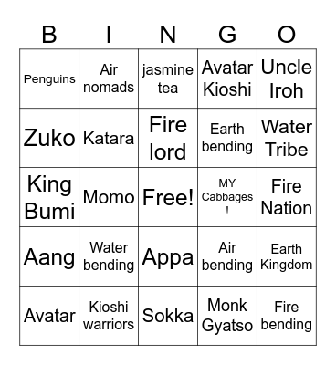 Avatar the last airbender Bingo Card