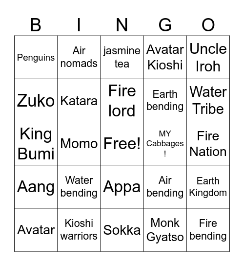 Avatar the last airbender Bingo Card