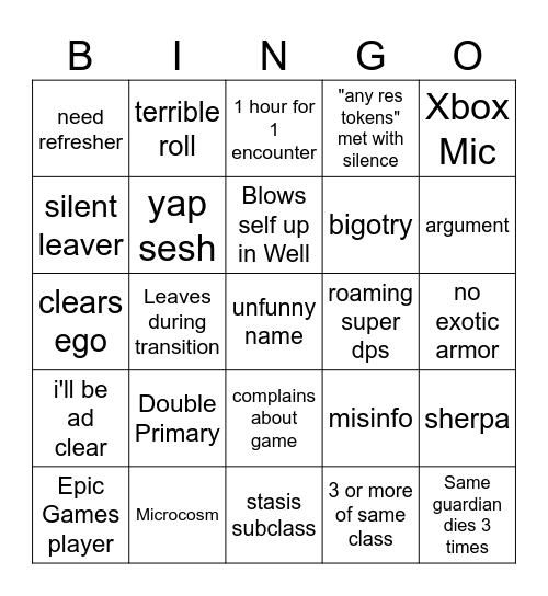 LFG Bingo Card