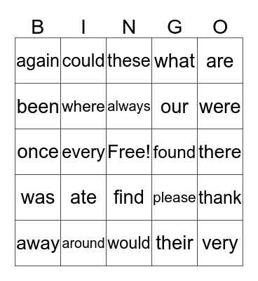 Sight Words Bingo Card