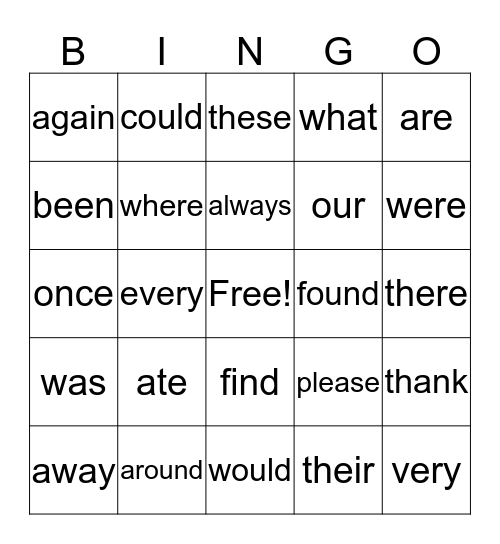 Sight Words Bingo Card